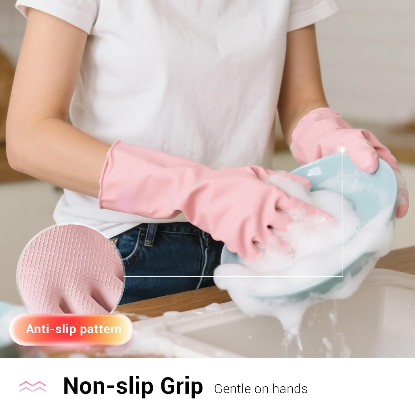 ThxToms 4 Pairs Rubber Kitchen Dishwashing Gloves, Reusable Household Cleaning Gloves,Non-Slip,Long-lasting