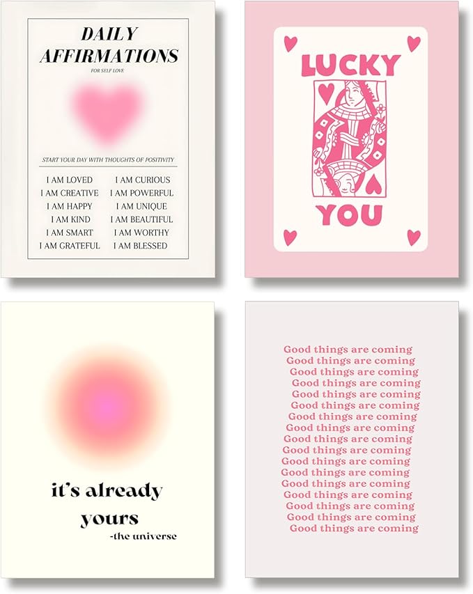Hwetui Framed Preppy Pink Aura Wall Art Daily Affirmations posters Trendy Y2K Canvas Prints Cute Lucky You Painting Retro Aesthetic Room Decor Picture for College Dorm Bedroom 12x16Inch Set of 4