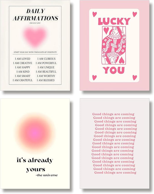 Hwetui Framed Preppy Pink Aura Wall Art Daily Affirmations posters Trendy Y2K Canvas Prints Cute Lucky You Painting Retro Aesthetic Room Decor Picture for College Dorm Bedroom 12x16Inch Set of 4