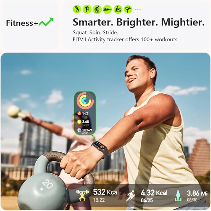 FITVII Ole Fitness Tracker, 1.6'' AMOLED Fitness Watch with 24/7 Heart Rate and Blood Pressure Monitor, Blood Oxygen Sleep Tracking Step Calories Counter IP68 Waterproof Activity Tracker for Women Men
