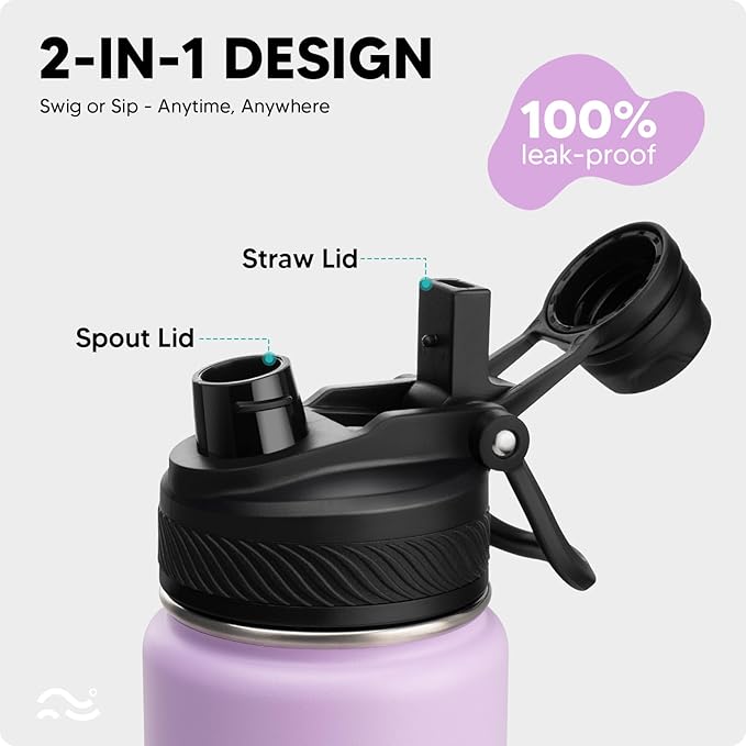 [2-IN-1 LID] Insulated Water Bottle with Silicone Boot (36hrs Cold/18hrs Hot) - DIY Stickers, Leakproof, BPA Free, 24 oz