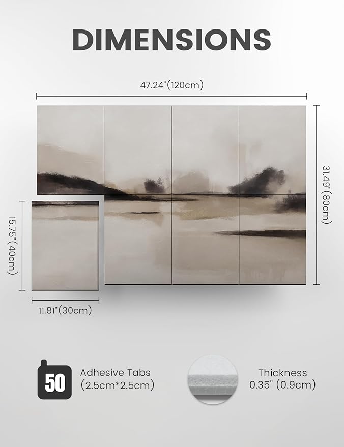 Wall Art Felt Bulletin Board,47''X31''Cork Boards Alternative Wall Panels-8-Pack with 50 Adhesive Tabs, Decorative Panels for Living Room and Recording Studio, Offices-Mist Reflections