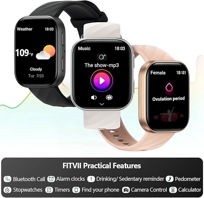 FITVII Health & Fitness Tracker (Answer/Make Calls), Smart Watch with 24/7 Heart Rate and Blood Pressure, Sleep Tracking, Blood Oxygen Monitor, 120+ Sport Mode Activity Tracker (Blush Pink, 1.85)