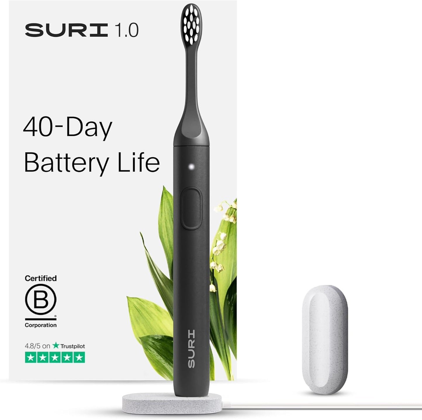 SURI 1.0 Sonic Electric Toothbrush | 1 Month+ Battery | Designed in California | Electric Toothbrush for Adults | Travel Toothbrushes | Tooth Brush | Black