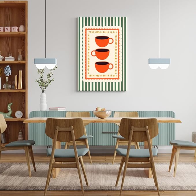 Vintage Orange Italian Espresso Coffee Cups Canvas Prints Posters Modern Green Striped Preppy Kitchen Wall Art Retro Colorful Minimalist Drink Aesthetic Pictures Decor for Cafe Bar 12x16inch Framed