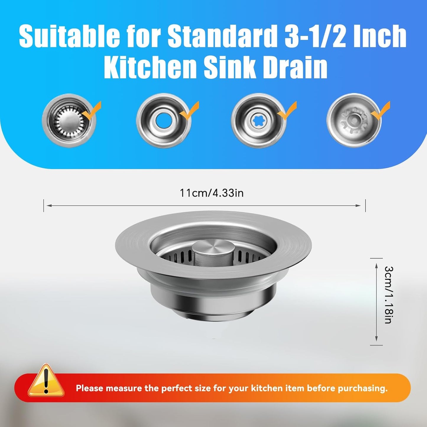 Kitchen Sink Drain Strainer, Pop-up Sink Stoppers, 3 in 1 Sink Drain Strainer, Upgraded Larger Sink Strainer Filter Basket, Cleaning Brush for US Sink Standard 3-1/2 Inch Drain Strainers