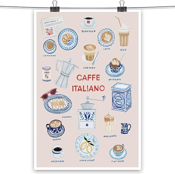 Trendy Espresso Coffee Italiano Wall Art Quirky Food Posters Italian Coffee Chart Canvas Print Painting Minimalism Home Decor Aesthetics Pictures for Kitchen Cafe Station Bar Club 24x36inch Unframed