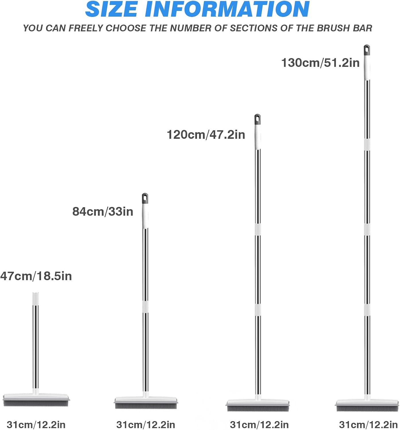 Rubber Broom Carpet Rake for Pet Hair, 2 in 1 Pet Hair Removal Broom with Built in Squeegee, Fur Remover Broom with 51" Adjustable Long Handle for Carpet, Hardwood Floor, Tile