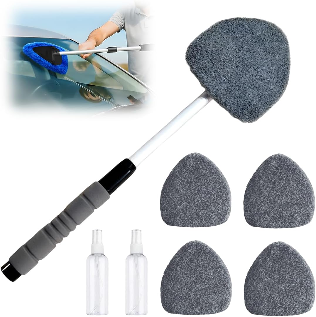 Windshield Window Cleaner Tool, Longer Extendable Glass Cleaning Tool with Microfiber Pads and Spray Bottles,Glass Wiper Kit for Car Windshield & Home Windows (Grey Set)