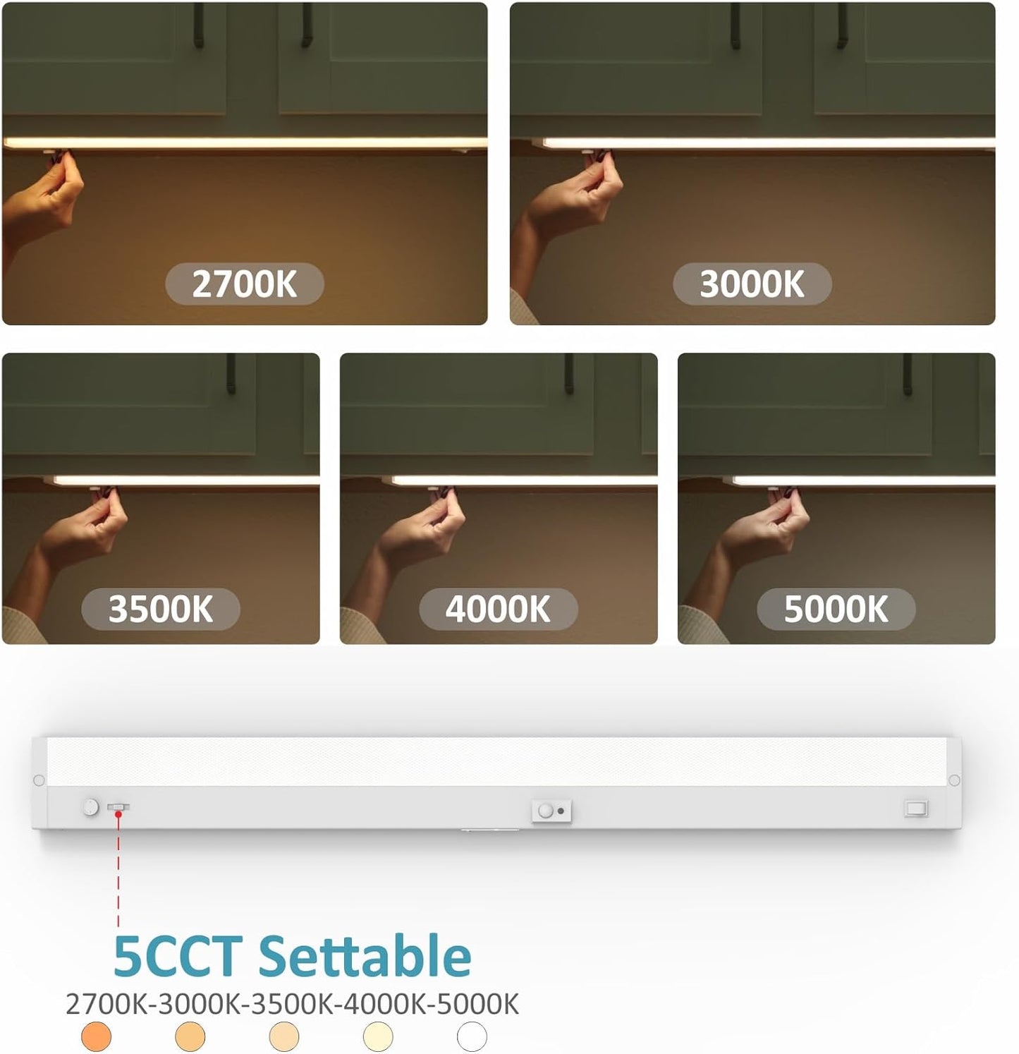 LED Under Cabinet Lighting Motion Sensored Hardwired with Built-in Dimmer, 32 Inch 16W Dimmable 5 Color 2700/3000/3500/4000/5000K, Linkable Eyes Care for Kitchen, Counter, ETL Listed, White