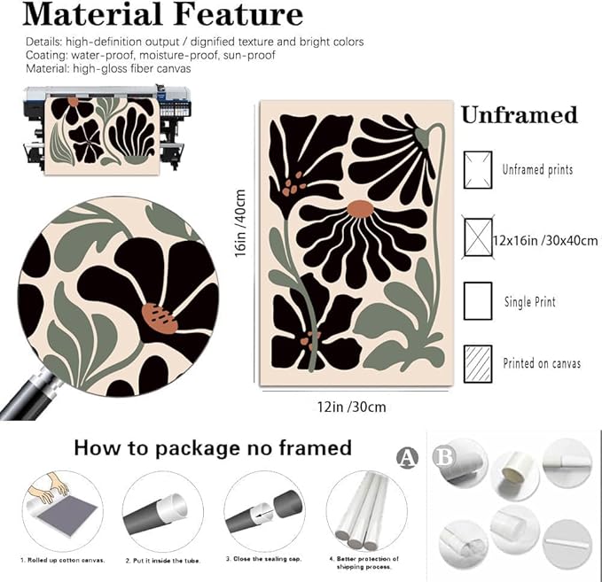 Hwetui Boho Wall Art Set of 3 Abstract Black flowers Plant Poster Vintage Green Floral Canvas Prints Neutral Home Decor Aesthetic Bohemian Artwork Painting Pictures for living room12''x16''Unframed