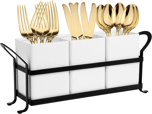 Utensil Holder Silverware Caddy for Party Countertop, 3pcs Bins Set Silverware Caddy Organizer Holders for Spoon and Fork, White and Black