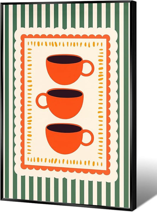 Vintage Orange Italian Espresso Coffee Cups Canvas Prints Posters Modern Green Striped Preppy Kitchen Wall Art Colorful Minimalist Aesthetic Pictures Decor for Cafe Bar 20x30inch Metal Black Frame