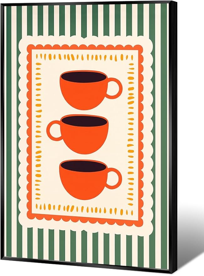 Vintage Orange Italian Espresso Coffee Cups Canvas Prints Posters Modern Green Striped Preppy Kitchen Wall Art Colorful Minimalist Aesthetic Pictures Decor for Cafe Bar 16x24inch Metal Black Frame