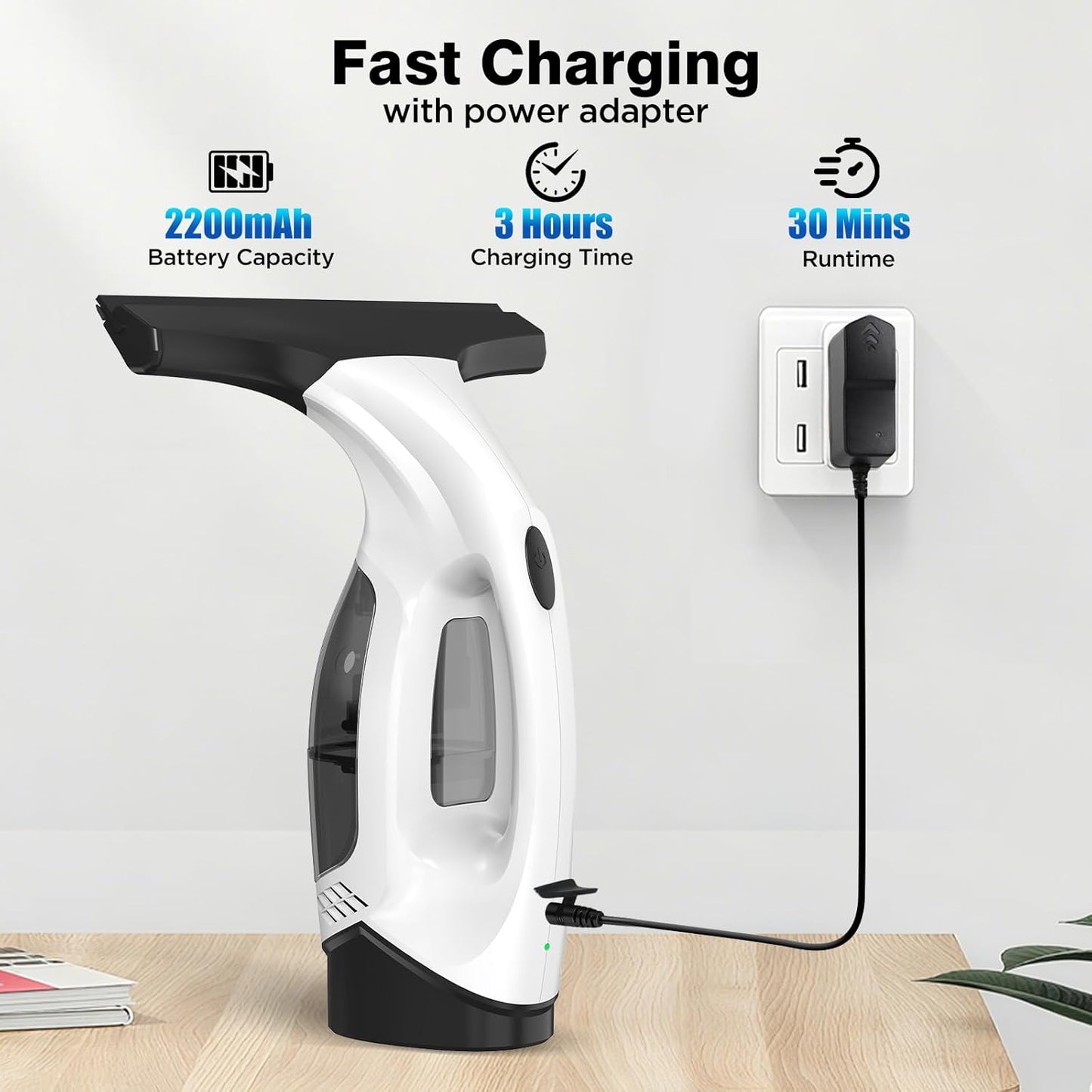 Window Vacuum Squeegee Cordless, 2000Pa Electric Window Cleaner Tool with 2200mAh & 150ml Water Collection Tank, Window Cleaning Kit Shower Squeegee for Glass Doors, Windows, Mirrors, Car (White)