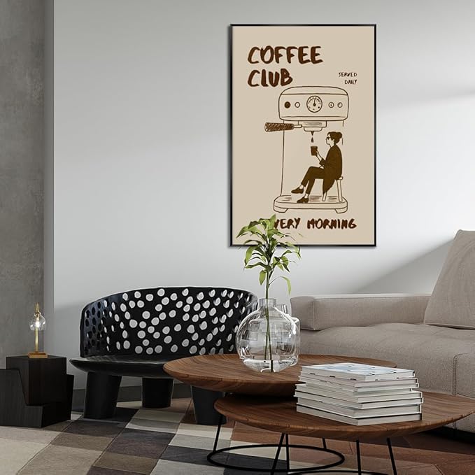 Served Daily Every Morning Sign Wall Art Funny Coffee Club Canvas Print Poster Vintage Kitchen Minimalist Painting Aesthetic Pictures Decor for Cafe Station Bar Cart 12x16inch Metal Black Frame