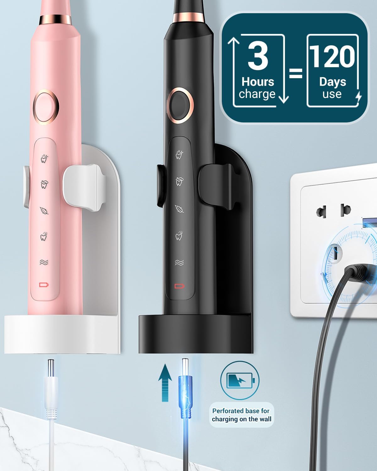 Rtauys 2 Pack Electric Toothbrush for Adults - 2 Rechargeable Electric Toothbrushes with 12 Brush Heads & 2 Travel Case, Power Electric Toothbrush with Holder, 3 Hrs Charge for 120 Days - Black+Pink