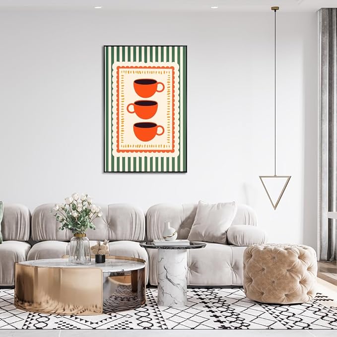 Vintage Orange Italian Espresso Coffee Cups Canvas Prints Posters Modern Green Striped Preppy Kitchen Wall Art Colorful Minimalist Aesthetic Pictures Decor for Cafe Bar 12x16inch Metal Black Frame