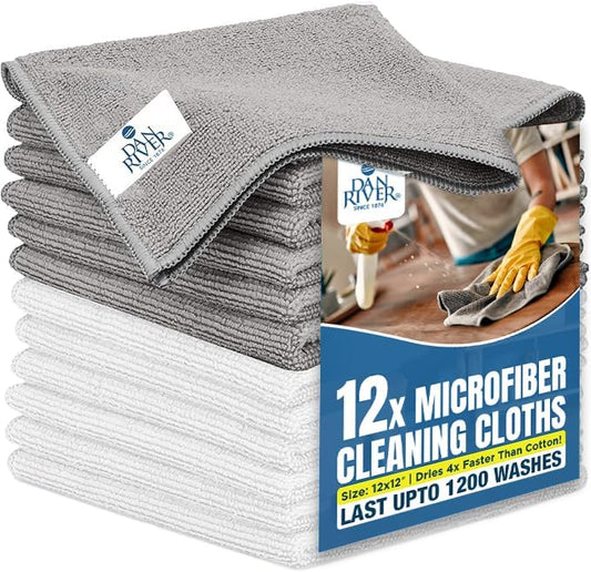 DAN RIVER 12-Pack Microfiber Towels – Ultra Absorbent, Lint-Free & Streak-Free Cleaning Cloths for Home, Car & Kitchen - Must-Have Cleaning Essentials - 12" x 12" - Gray White