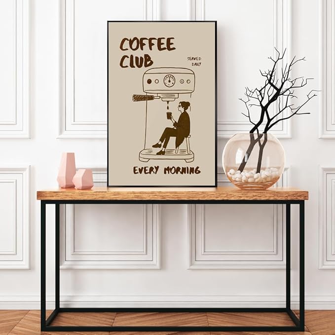 Served Daily Every Morning Sign Wall Art Funny Coffee Club Canvas Print Poster Vintage Kitchen Minimalist Painting Aesthetic Pictures Decor for Cafe Station Bar Cart 12x16inch Metal Black Frame
