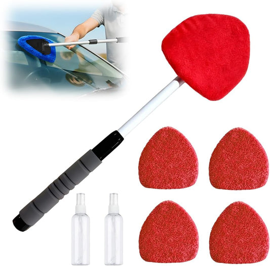 Windshield Window Cleaner Tool, Longer Extendable Glass Cleaning Tool with Microfiber Pads and Spray Bottles,Glass Wiper Kit for Car Windshield & Home Windows (Red Set)