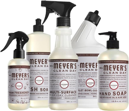 Mrs. MEYER'S CLEAN DAY Variety, 1 Room Freshener, 8 OZ, 1 Liquid Hand Soap, 12.5 OZ, 1 Liquid Dish Soap, 16 FL OZ, 1 Multi-Surface Cleaner, 16 OZ, 1 Toilet Bowl Cleaner, 24 OZ, 1 CT (Lavender)