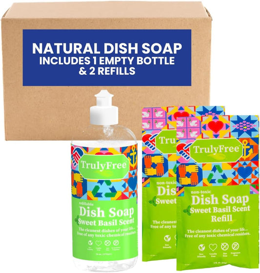 Truly Free Natural Concentrated Dish Detergent Dishwashing Liquid | Plant-Based Dish Soap | Sweet Basil Fresh Scent | 2 Refill Packs with 1 Empty Refillable Squeeze Bottle (16 Oz)