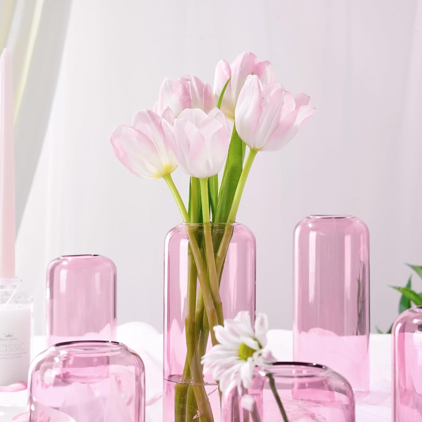 ZENS Bud Vases Set of 6, Pink Clear Small Glass Vase for Flowers. Modern Hand Blown Cylinder Glass Vase for Wedding Reception Centerpieces Living Room Decorative.