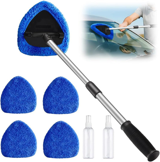 Windshield Window Cleaner Tool, Longer Extendable Glass Cleaning Tool with Microfiber Pads and Spray Bottles,Glass Wiper Kit for Car Windshield & Home Windows (Blue Set)