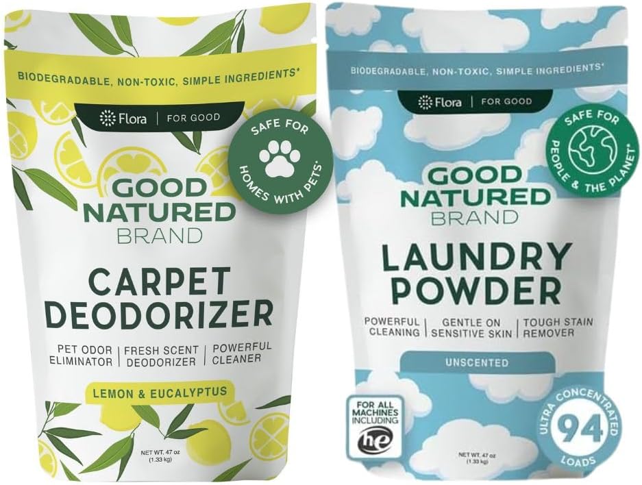 Good Natured Brand | Laundry Bundle | Carpet Freshener Lemon & Eucalyptus 47oz | Pet-Friendly Carpet Deodorizer | Laundry Powder Unscented 47oz | Hypoallergenic Laundry Powder 94 Loads