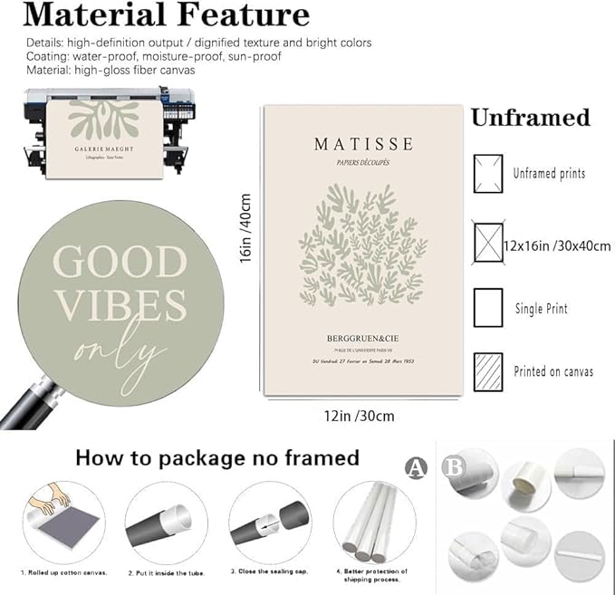 Hwetui Matisse Wall Art Set of 3 Sage Green Abstract Poster Canvas Prints Neutral Plant Leaves Painting Pictures Good Vibes Aesthetic Home Decor for Living Room Bedroom Bathroom 12''x16''Unframed