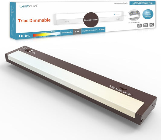 LED Under Cabinet Lighting Hardwired or Plug in, 18 Inch 9W, Dimmable 5 Color 2700K/3000K/3500K/4000K/5000K, Linkable Eyes Care Design Counter Lights for Kitchen, Sink, ETL Listed, Bronze