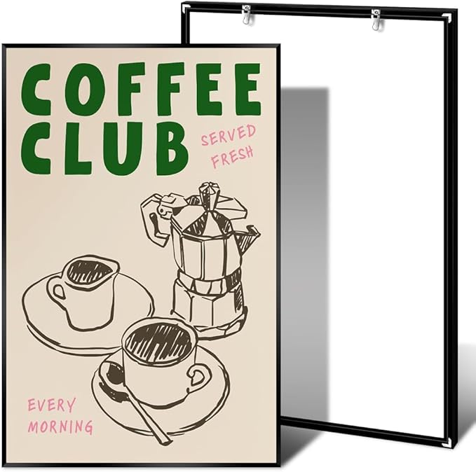 Vintage Coffee Club Wall Art Served Fresh Every Morning Sign Canvas Print Poster Sketch Moka Pot And Cups Minimalist Home Decor Aesthetic Pictures for Kitchen Bar Cafe 12x16inch Metal Black Frame