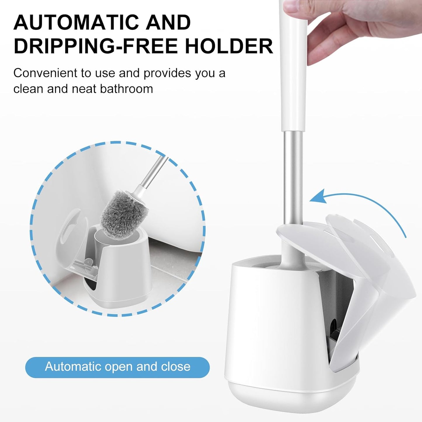 SetSail Toilet Brush 2 Pack, Self Closing Lid Toilet Bowl Brushes Holder and Extra Long Handle Ventilated Toilet Brush Set for Bathroom Cleaning, Nylon Bristles, Pure White