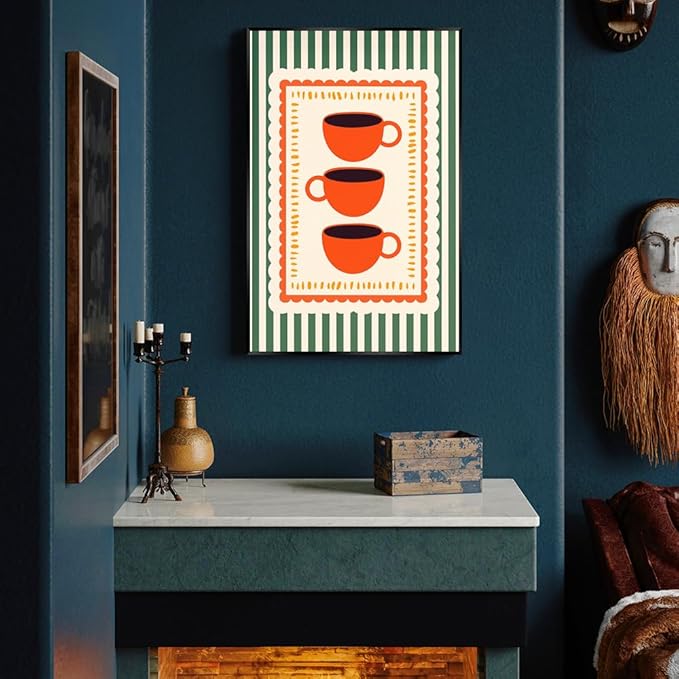 Vintage Orange Italian Espresso Coffee Cups Canvas Prints Posters Modern Green Striped Preppy Kitchen Wall Art Colorful Minimalist Aesthetic Pictures Decor for Cafe Bar 16x24inch Metal Black Frame