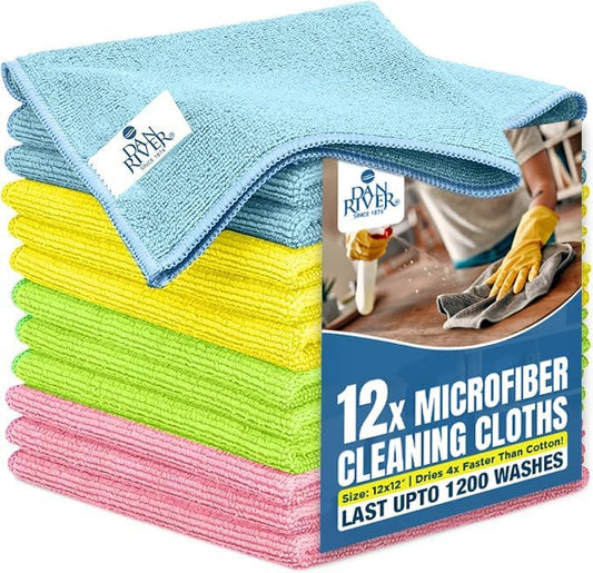DAN RIVER 12-Pack Microfiber Towels – Ultra Absorbent, Lint-Free & Streak-Free dishwashing Rags for Home, Car & Kitchen - Must-Have Cleaning Essentials - 12" x 12" - Assorted