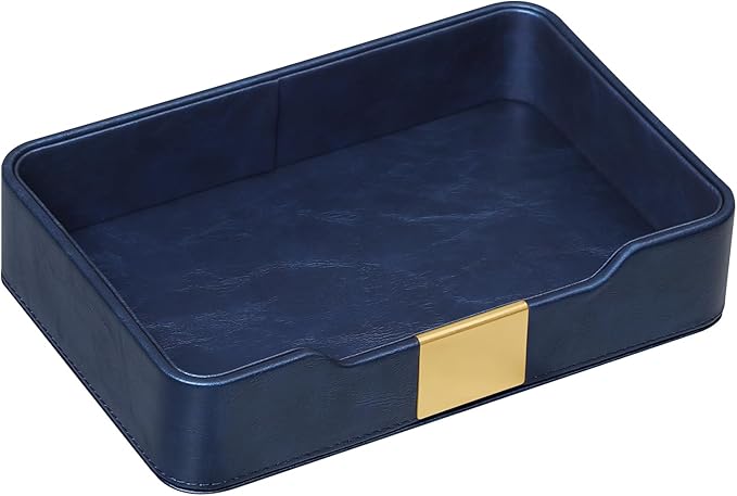 PU Leather Valet Tray with Gold Accent, Decorative Nightstand Organizer Desk Trays Cologne Organizer for Men - Key Bowl Vanity Trinket Tray for Dresser Bedside Entryway Table (Navy Blue)