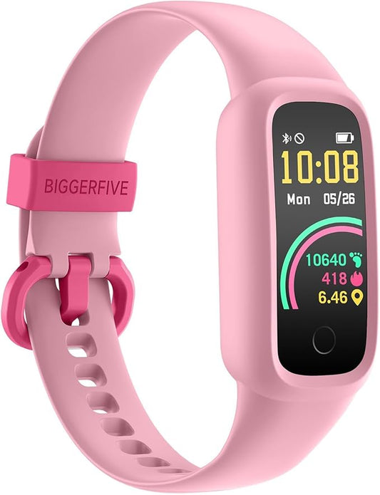 BIGGERFIVE Vigor 2 L Kids Fitness Tracker Watch for Boys Girls Ages 5-15, Activity Tracker, Heart Rate Sleep Monitor, IP68 Waterproof, Pedometer, Calorie Step Counter Watch, Pink