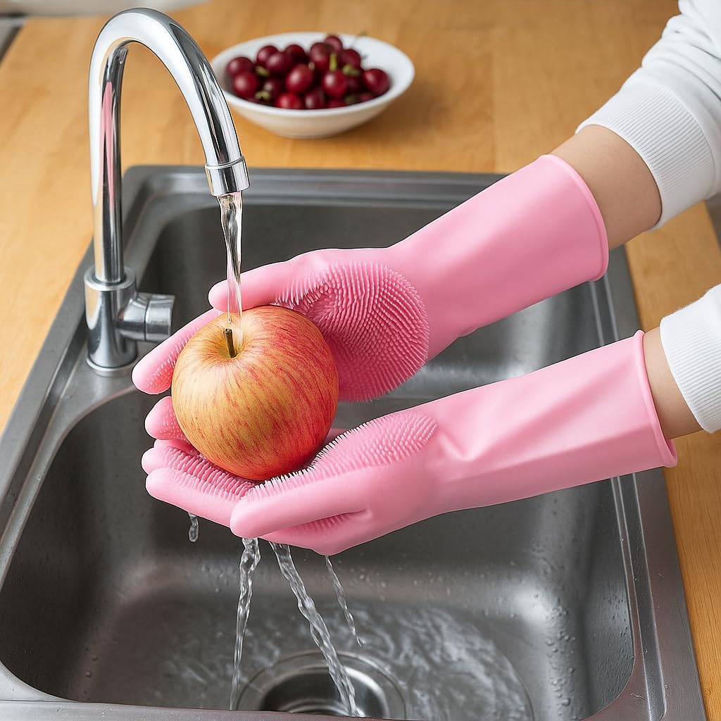 Silicone Gloves with Built-in Scrubbing Bristles +2 Wire Mesh Dishwashing Scrubber Cloths Reusable Cleaning Gloves & Kitchen (Blue)