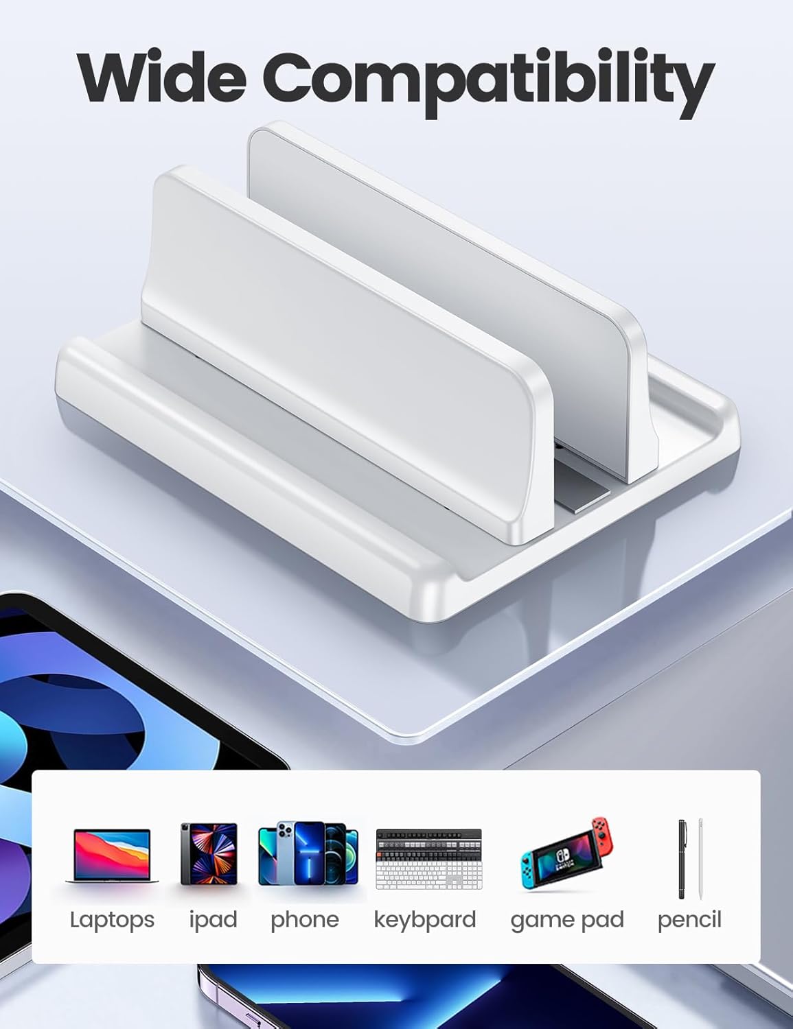 Vaydeer Vertical Laptop Stand Holder Plastic Adjustable Desktop Notebook Dock Space-Saving 3 in 1 for All MacBook Pro Air, Mac, HP, Dell, Microsoft Surface, Lenovo, up to 17.3 inches (White)