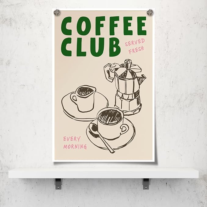 Vintage Coffee Club Wall Art Served Fresh Every Morning Sign Canvas Print Poster Sketch Moka Pot And Cups Minimalist Home Decor Aesthetic Pictures for Kitchen Bar Cafe Dining Room 20x30inch Unframed