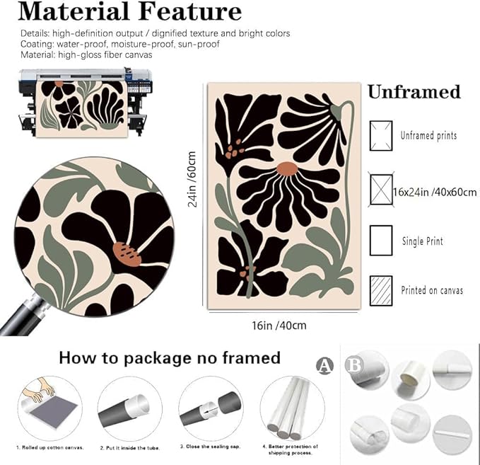 Hwetui Boho Wall Art Set of 3 Abstract Black flowers Plant Poster Vintage Green Floral Canvas Prints Neutral Home Decor Aesthetic Bohemian Artwork Painting Pictures for living room16''x24''Unframed