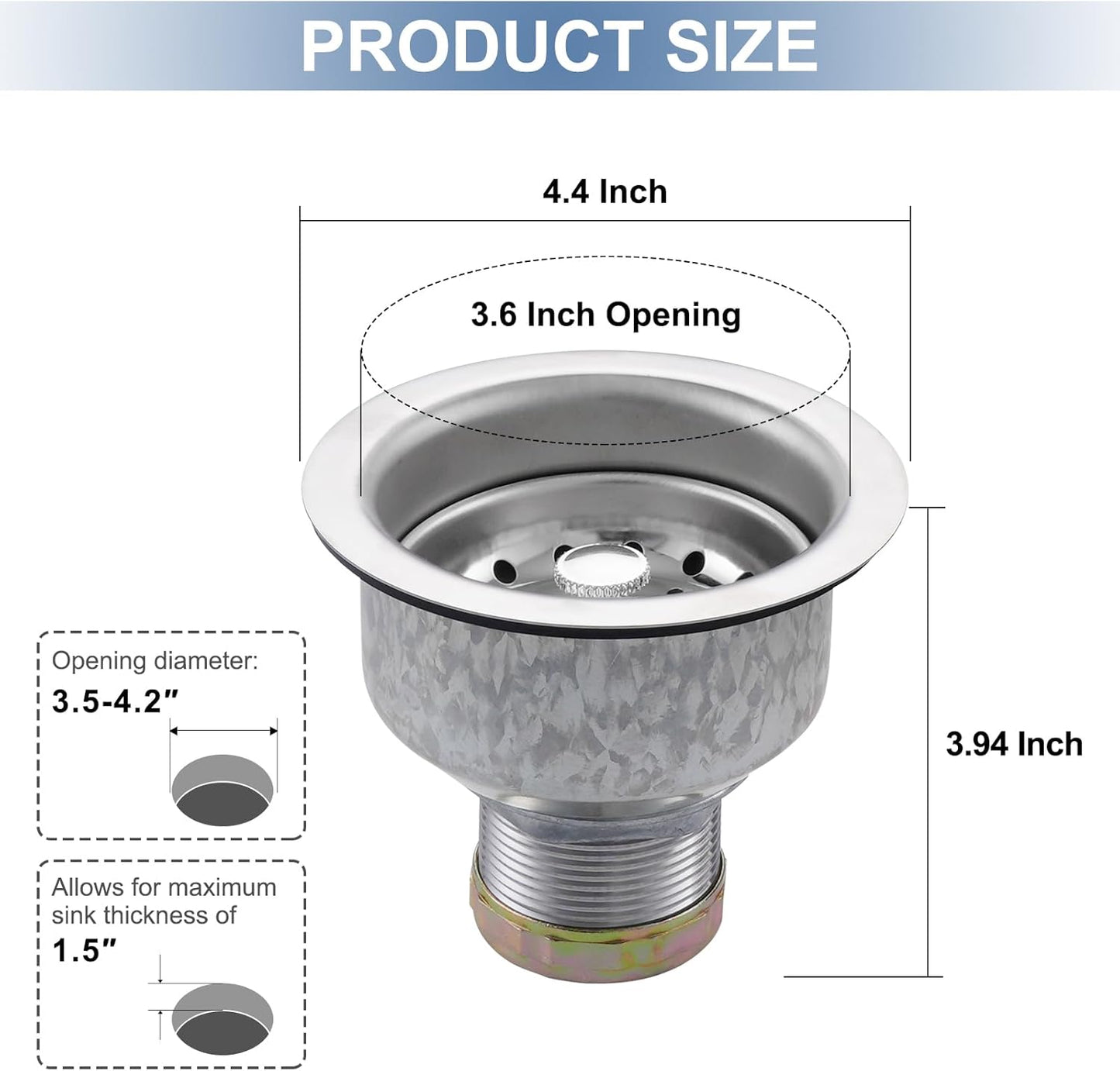 ZM Kitchen Sink Stainless Steel Deep Locking Basket Strainer with Drain Assembly, 3-1/2 Inch Sink Drain Stopper Plug