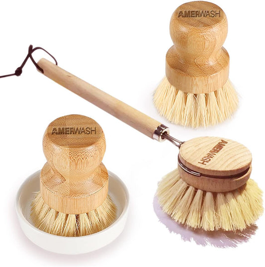Wooden Dish Brush Set Clean Pots, Pans and Vegetable, Natural Bristles Bamboo Scrub Brushes with Ceramic Dish - 1 Long Handle Dish Brush + 2 Palm Scrubbing Brush
