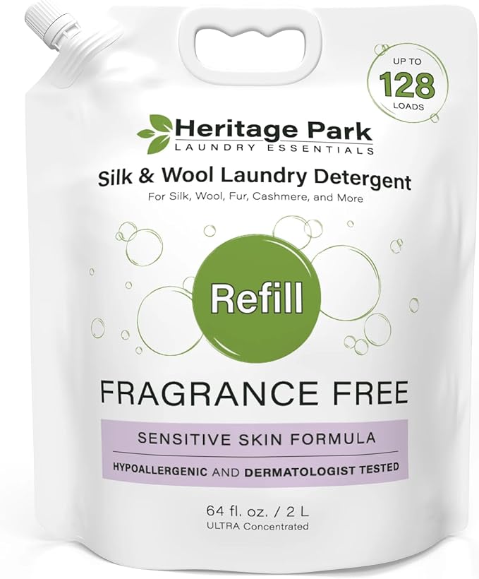 Heritage Park Silk & Wool Fragrance Free, Hypoallergenic, pH-Neutral Laundry Detergent - Dermatologist-tested, Sensitive Skin-Friendly, Enzyme-Free, Ultra Concentrated (64 fl oz Refill)