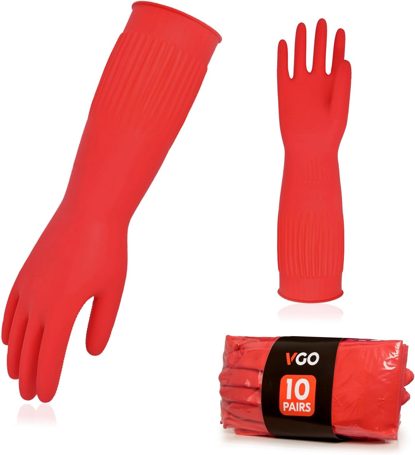 Vgo... 10-Pairs Dishwashing Gloves, Reusable Household Gloves, Long Sleeve, Thick Latex, Cleaning, Washing, Working, Painting, Gardening, Pet Care (Size L, Red, RB2143)