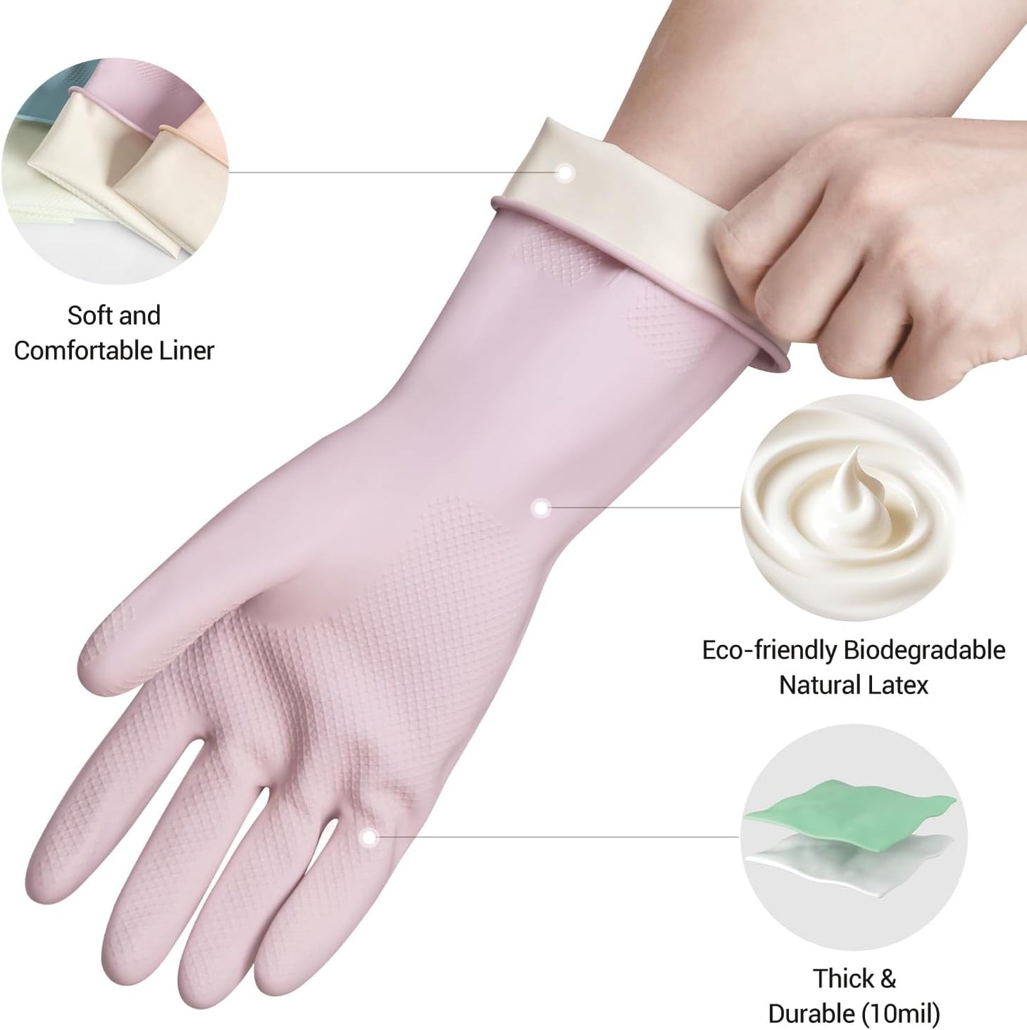 ThxToms 4 Pairs Rubber Kitchen Dishwashing Gloves, Reusable Household Cleaning Gloves,Non-Slip,Long-lasting