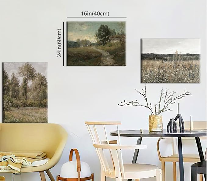 Vintage Landscape Canvas Wall Art Set of 3 - Meadow with Flowers Painting Prints,Rustic Farmhouse Posters Home Decor,Pastoral Outdoor Views Picture for Living Room Bedroom Bathroom 16x24in Framed