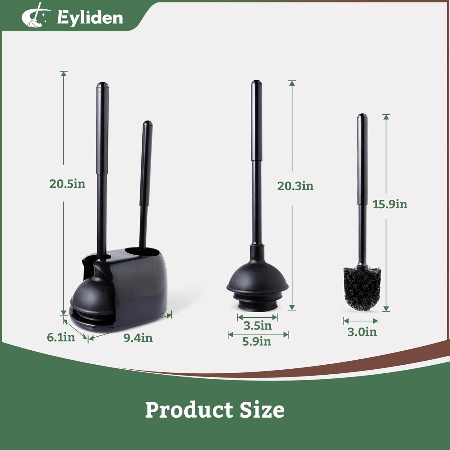 Eyliden 2 Pack Toilet Plunger & Brush Set, Upgrade 3-Step Suction Cup - Ultra-Tight Seal, Durable, Space-Saving Toilet Deep Cleaning Combo with Holder, Bathroom Essentials (2 Pack, Black)