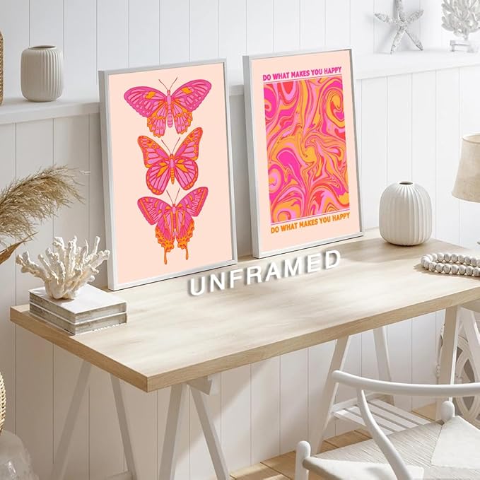 Hwetui Butterfly Wall Art Poster Set of 3 - Pink Orange Preppy Wall Decor Pictures, Daily Gratitude Paintings Prints Aesthetic Home Decor for Girls Bedroom Dorm Apartment 12x16 inch Unframed